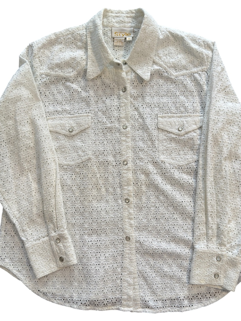 Women’s White Eyelet Button Up Shirt Size 12 | Boho Cottagecore Western Snap Top